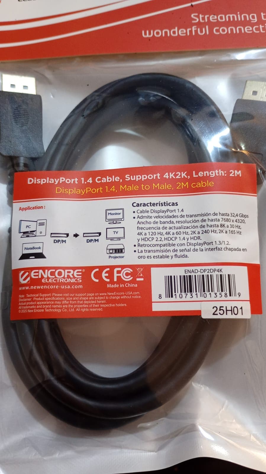 Cable DisplayPort a DisplayPort 4K@60Hz 8K@30Hz, HDR 2Mts - Encore marca Encore Electronics - Adaptador DisplayPort | HDMI | TIPO C