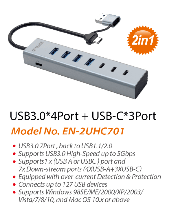 HUB Multipuerto USB Tipo C/A de 7 en 1, 4 USB 3.0 y 3 USB Tipo C de Aluminio Encore marca Encore Electronics - Docking HUB Multipuerto USB | Tipo C