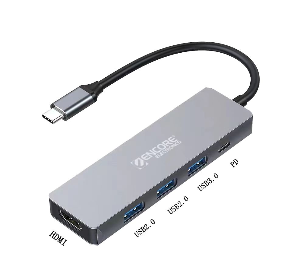 HUB Multipuerto Adaptador 5 en 1 Tipo C a HDMI+ 3 -USB3.0 + PD Aluminio - Encore
