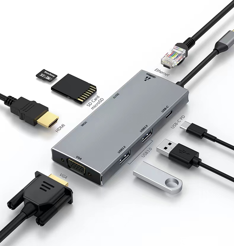 HUB Multipuerto Adaptador 8 en 1 Tipo C  Estacion de acoplamiento Docking para 8 dispositivos